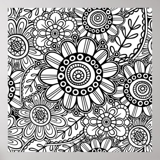Doodle Folk Art Floral Line Drawing Pattern Poster (Voorkant)