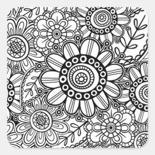 Doodle Folk Art Floral Line Drawing Pattern Vierkante Sticker