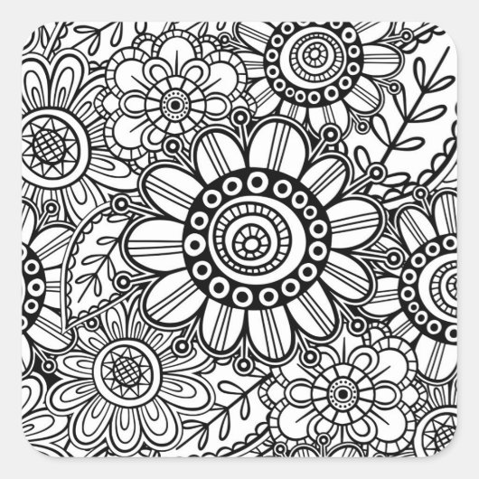 Doodle Folk Art Floral Line Drawing Pattern Vierkante Sticker (Voorkant)
