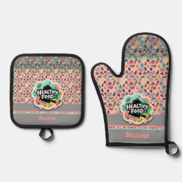 Doodle Gezonde Voedsel Keukenmes Sticker Ovenwant & Pannenlap Set