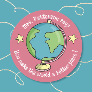 Doodle Globe Roze Beloningsstickers Ronde Sticker