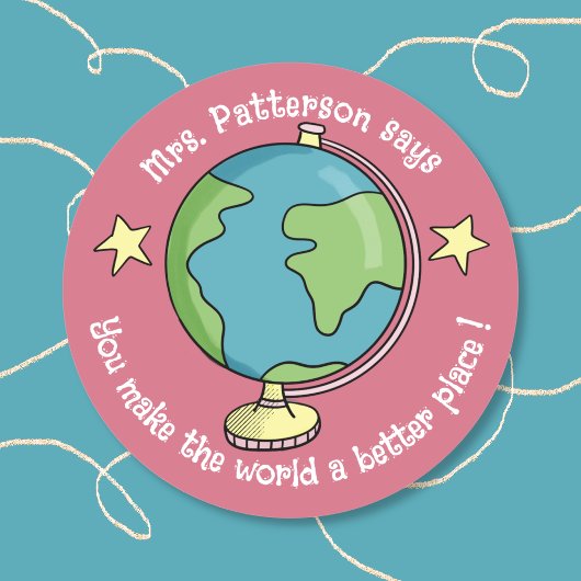 Doodle Globe Roze Beloningsstickers Ronde Sticker
