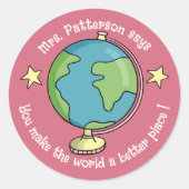 Doodle Globe Roze Beloningsstickers Ronde Sticker (Voorkant)