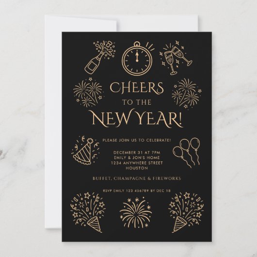Doodle Gold Black Cheers to New Year Party Kaart (Voorkant)
