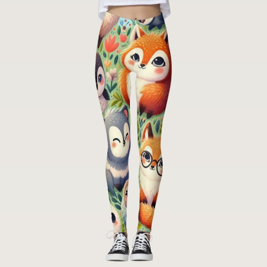 doodle grappige cartoon, dierenpatroon blij plezie leggings (Voorkant)