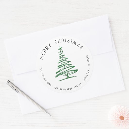 Doodle Green Christmas Tree Retouradres Ronde Sticker (Envelop)