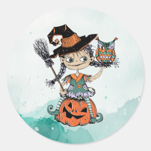 Doodle Halloween Heks & Uil Ronde Sticker
