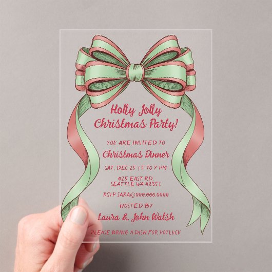 Doodle Hand drawn Green Red Bow Christmas Party Acryl Uitnodigingen (Insitu (Draagbaar))