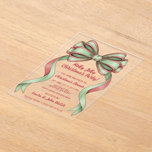 Doodle Hand drawn Green Red Bow Christmas Party Acryl Uitnodigingen (Laagn)