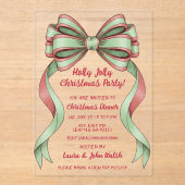 Doodle Hand drawn Green Red Bow Christmas Party Acryl Uitnodigingen (Voorkant)