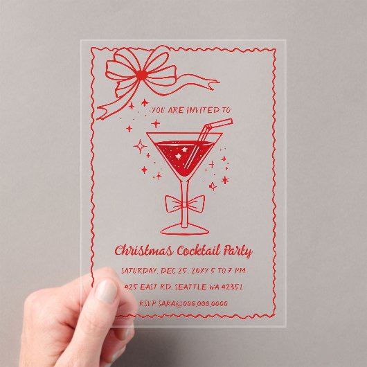 Doodle Hand drawn Pink Red Bow Christmas Cocktails Acryl Uitnodigingen (Insitu (Draagbaar))