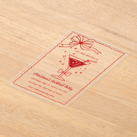Doodle Hand drawn Pink Red Bow Christmas Cocktails Acryl Uitnodigingen (Laagn)