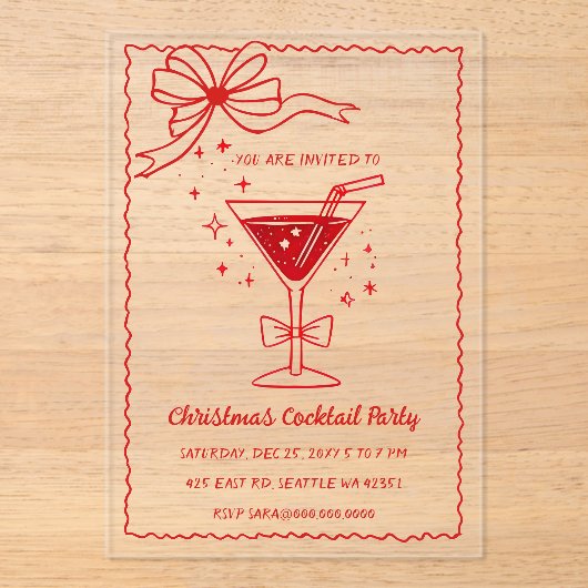 Doodle Hand drawn Pink Red Bow Christmas Cocktails Acryl Uitnodigingen (Voorkant)