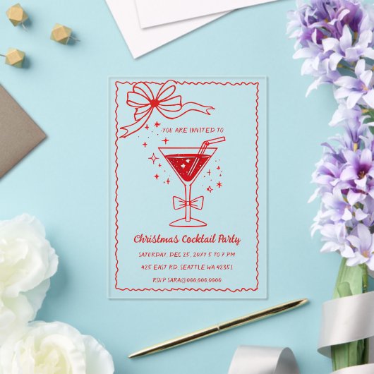 Doodle Hand drawn Pink Red Bow Christmas Cocktails Acryl Uitnodigingen (Insitu (Huwelijk))