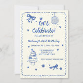 Doodle Hand getekend Blue Bow Disco Ball Verjaarda Kaart (Voorkant)