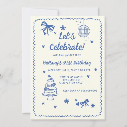 Doodle Hand getekend Blue Bow Disco Ball Verjaarda Kaart (Voorkant)