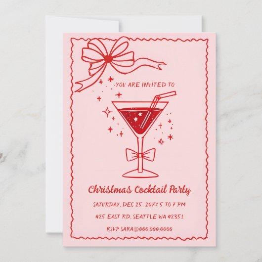 Doodle Hand getekend Roze Rode Boog Kerst Cocktail Kaart (Voorkant)