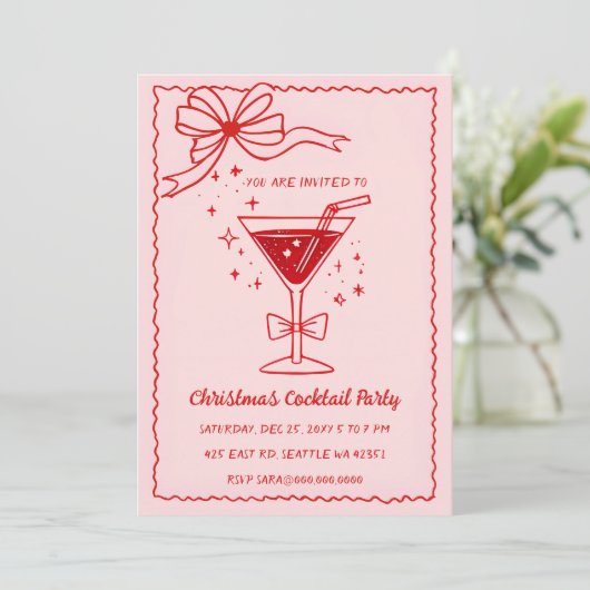 Doodle Hand getekend Roze Rode Boog Kerst Cocktail Kaart (Staand voorkant)