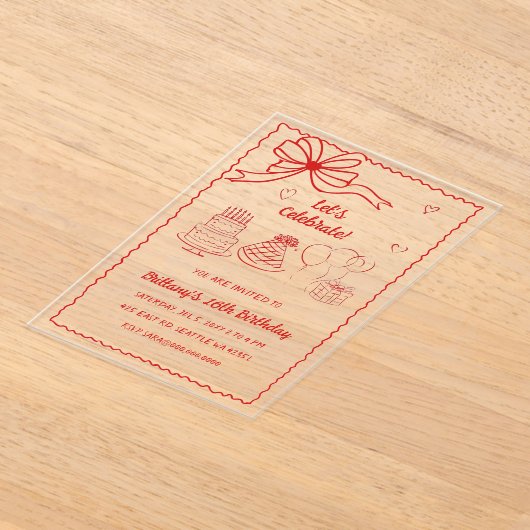 Doodle Hand getekend Roze Rode Coquette Boog Verja Acryl Uitnodigingen (Laagn)