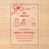 Doodle Hand getekend Roze Rode Coquette Boog Verja Acryl Uitnodigingen (Voorkant)