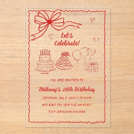 Doodle Hand getekend Roze Rode Coquette Boog Verja Acryl Uitnodigingen (Voorkant)