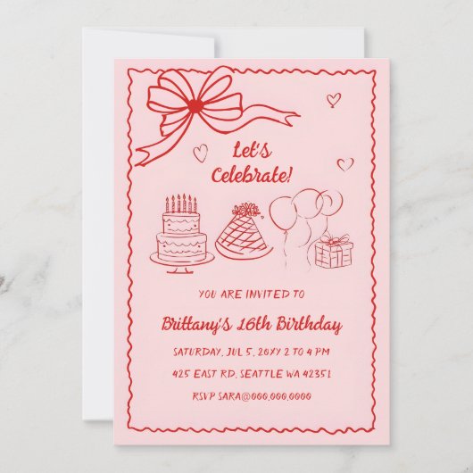 Doodle Hand getekend Roze Rode Coquette Boog Verja Kaart (Voorkant)