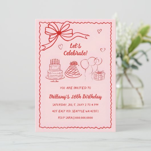 Doodle Hand getekend Roze Rode Coquette Boog Verja Kaart (Staand voorkant)