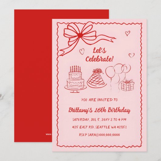 Doodle Hand getekend Roze Rode Coquette Boog Verja Kaart (Voorkant / Achterkant)