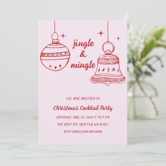 Doodle Hand getekend Roze Rood Kerstfeest Kaart (Staand voorkant)