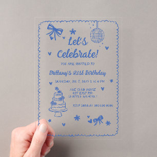 Doodle Hand getekende Blauwe Strik Disco Bal Verja Acryl Uitnodigingen