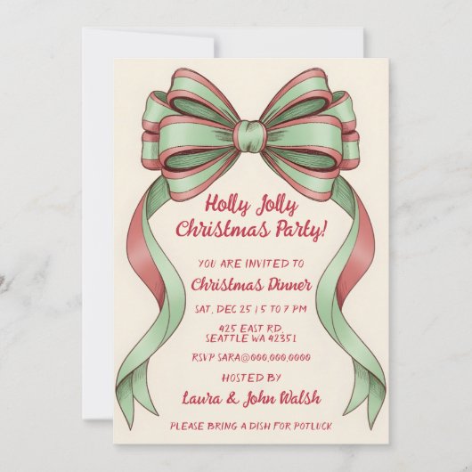 Doodle Hand getekende Groene Rode Strik Kerstfeest Kaart (Voorkant)