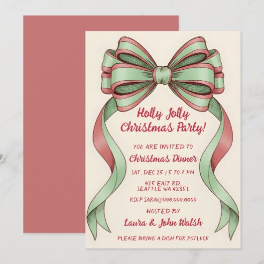 Doodle Hand getekende Groene Rode Strik Kerstfeest Kaart (Voorkant / Achterkant)