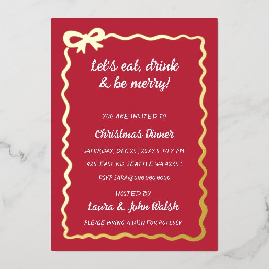 Doodle Hand getekende Rood Witte Boog Kerstfeest Folie Uitnodiging (Voorkant)