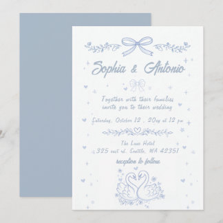 Doodle Hand Getekende Stofblauwe Zwanen Bruiloft Kaart