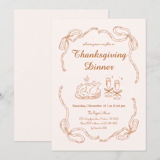 Doodle Hand Teken Eigenzinnige Thanksgiving Diner Kaart (Voorkant / Achterkant)