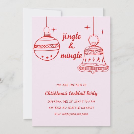 Doodle handgetekende roze rode kerstfeest kaart (Voorkant)