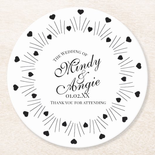 Doodle Harten Frame Script Huwelijk Ronde Kartonnen Onderzetter (Voorkant)