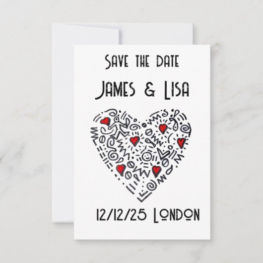 Doodle Heart Save the Date - Zwart, Wit op maat Bedankkaart (Voorkant)