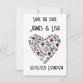 Doodle Heart Save the Date – Zwart, Wit op maat ge Bedankkaart