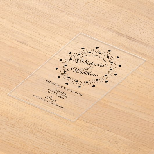 Doodle Hearts Frame Script Wedding Acryl Uitnodigingen (Laagn)