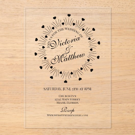Doodle Hearts Frame Script Wedding Acryl Uitnodigingen (Voorkant)