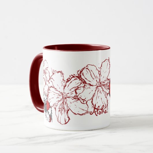 "Doodle Hibiscus" Mok in het rood (Voorkant links)
