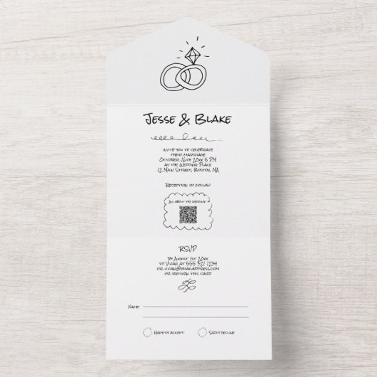 Doodle Illustraties Trouwen in zwart-wit All In One Uitnodiging (Binnen)