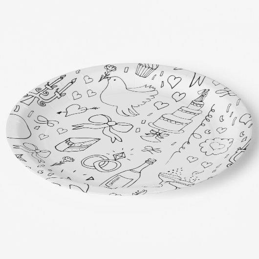 Doodle Illustraties Trouwen in zwart-wit Papieren Bordje (Gekanteld)