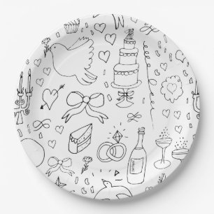 Doodle Illustraties Trouwen in zwart-wit Papieren Bordje