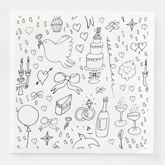 Doodle Illustraties Trouwen in zwart-wit Servet (Voorkant)