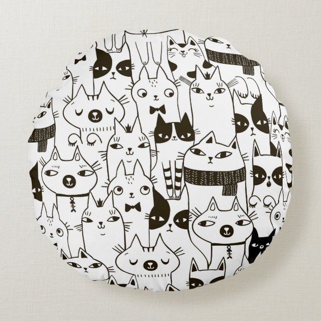 Doodle katten: grappig naadloos patroon. rond kussen (Voorkant)