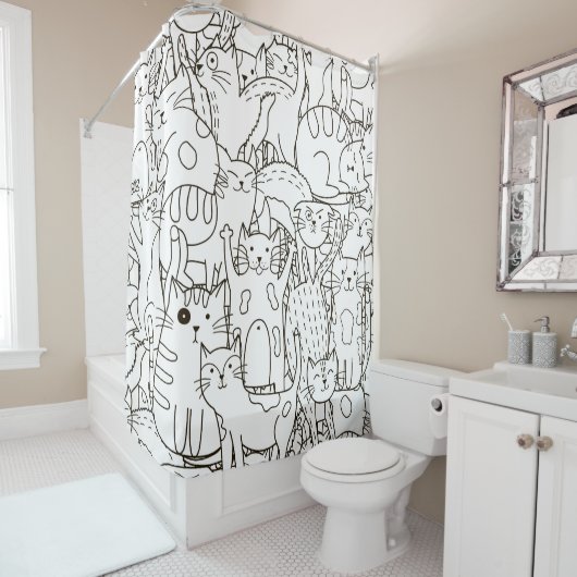 Doodle katten: zwart en wit. douchegordijn (In situ)