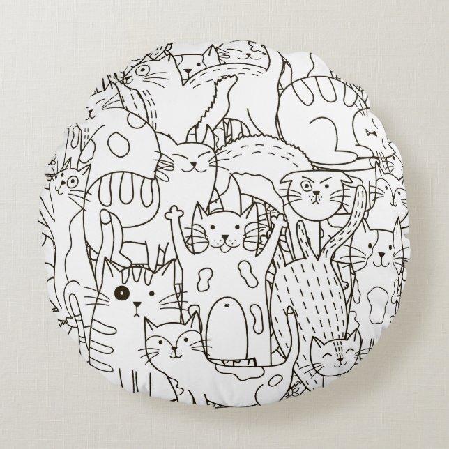 Doodle katten: zwart en wit. rond kussen (Voorkant)