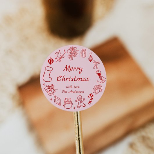Doodle Kerst sticker Roze Hand getekend Label